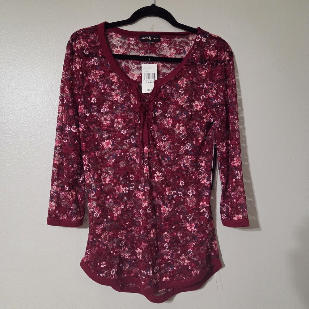 Almost Famous Burgundy Floral Lace-Up Blouse Size XL NWT